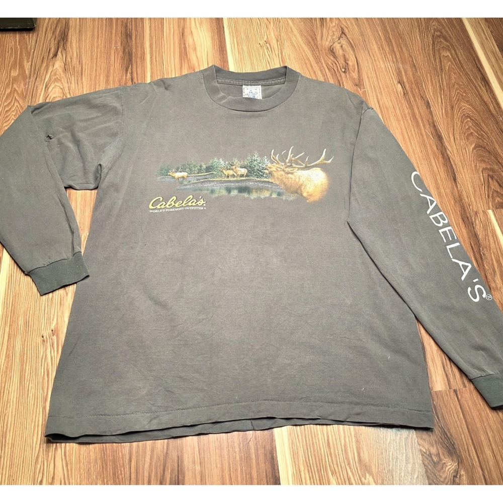 Vintage Cabela's Shirt Mens Large Green Elk Graphic Long Sleeve Made USA 90s